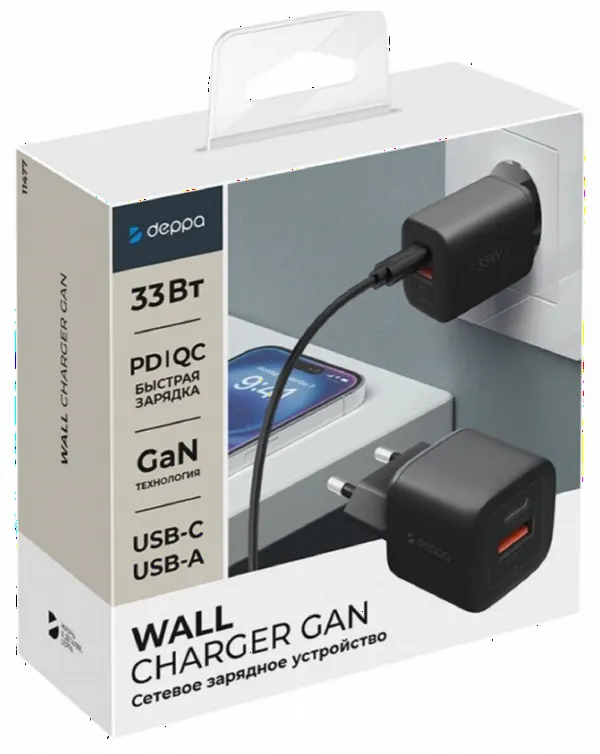 СЗУ Deppa 11477 USB-C + USB-A 33W черный