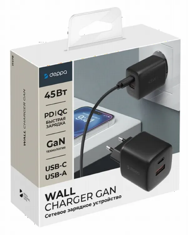 СЗУ Deppa 11478 USB-C + USB-A 45W черный