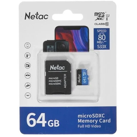 Карта памяти MicroSDXC 64Гб Class 10 Netac P500 Standard (NT02P500STN-064G-R) UHS-I + SD адаптер