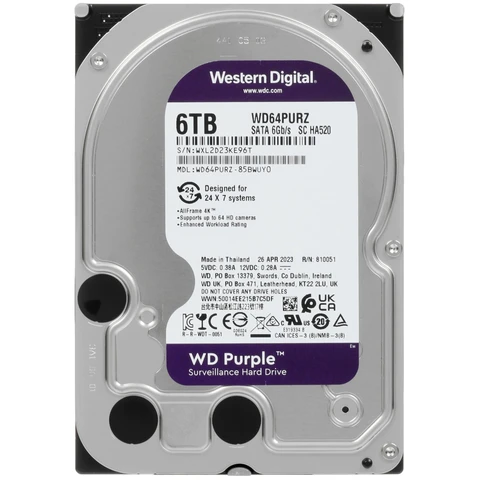 Накопитель HDD 6Tb WD Purple (WD64PURZ) SATA III, 3.5", 5400rpm, 256Mb