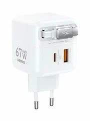 СЗУ USB/Type-C Remax CA01 (67W, QC3.0, PD, 2 порта, GaN, выдвижной кабель Type-C) Белый