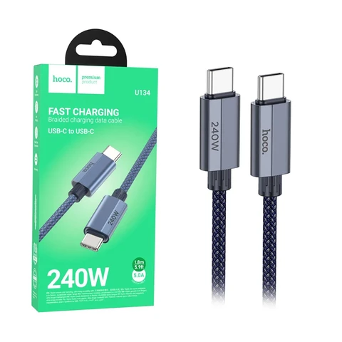Кабель Type-C - Type-C Hoco U134 (5A, 240W, PD, оплетка нейлон, 2 м) Темно-синий