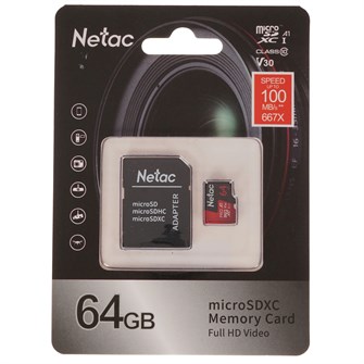 Карта памяти MicroSDXC 64GB Class 10 Netac P500 Eco + SD адаптер НФ-00001722